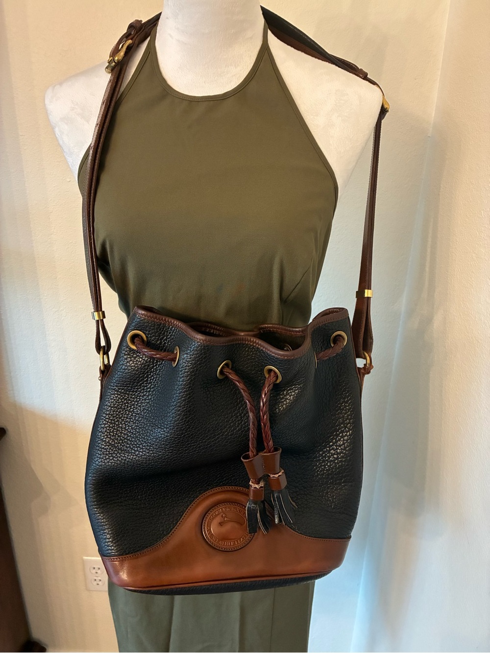 Vintage Dooney & Bourke Black & Brown Leather Drawstring Bucket Bag
